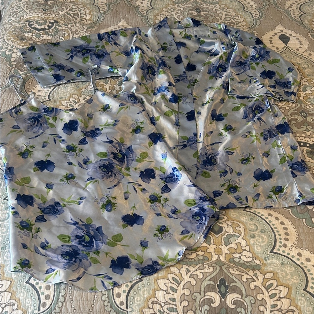 Blue Floral Satin Slip and Robe Vintage Like Set